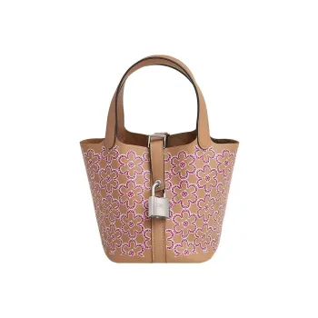 HERMES Picotin Lock Swift Calfskin Basket Bag, Bucket Bag, Handbag 14 Women's Tea Brown/Rose Pink/White