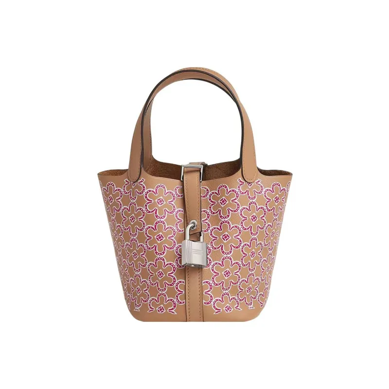 HERMES Picotin Lock Swift Calfskin Basket Bag, Bucket Bag, Handbag 14 Women's Tea Brown/Rose Pink/White-0
