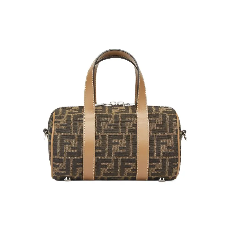 FENDI Cow Leather Patchwork With Fabric Bowling Bag Cylinder Bag Shoulder Bag Crossbody Bag Handbag Mini Men's Brown-2