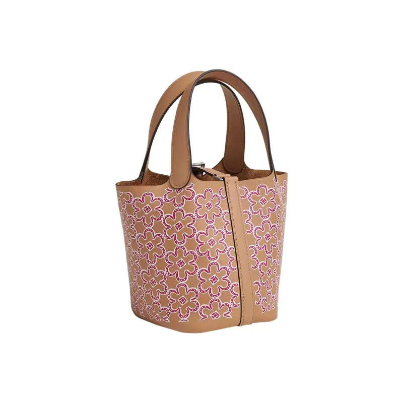 HERMES Picotin Lock Swift Calfskin Basket Bag, Bucket Bag, Handbag 14 Women's Tea Brown/Rose Pink/White-3