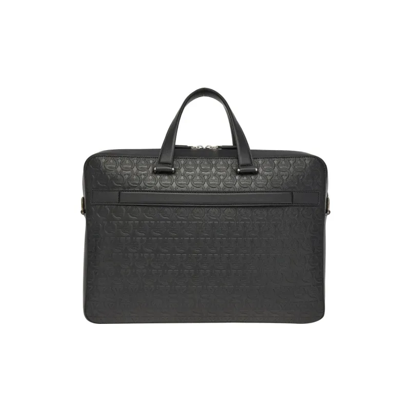 FERRAGAMO Travel Embossed Leather Handbag Men's Black-2