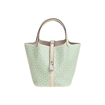 HERMES Calfskin Basket Bag Handbag Bucket Bag 18 Women's Gray White/Green/White