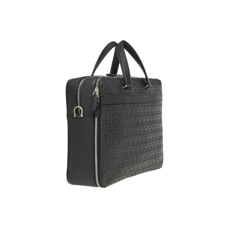 FERRAGAMO Travel Embossed Leather Handbag Men's Black-1