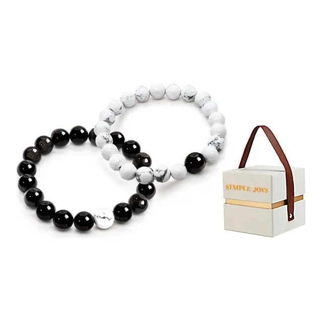 SIMPLE JOYS Silver Sheen Obsidian White Turquoise Couple Beaded Bracelet Unisex 1 Pair, Stretch-19