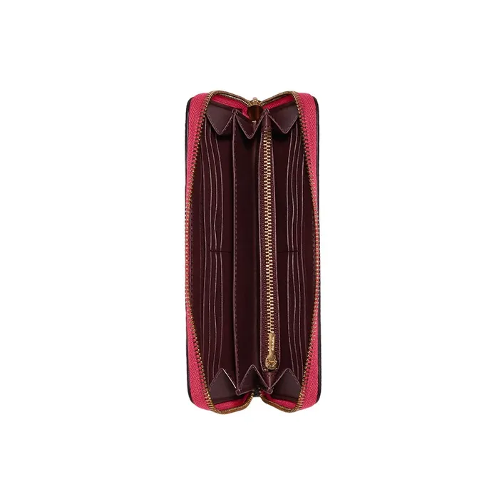 COACH Zip Around Canvas Leather Clutch Trunk Bag Wallet Women's Dark Brown With Rose Red-1