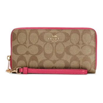 COACH Zip Around Canvas With Leather Clutch Trunk Bag Wallet Women's Dark Brown With Rose Red