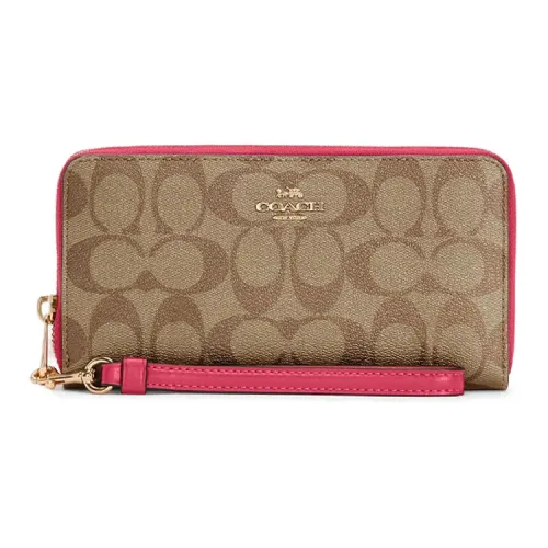 COACH Zip Around Canvas With Leather Clutch Trunk Bag Wallet Women's Dark Brown With Rose Red