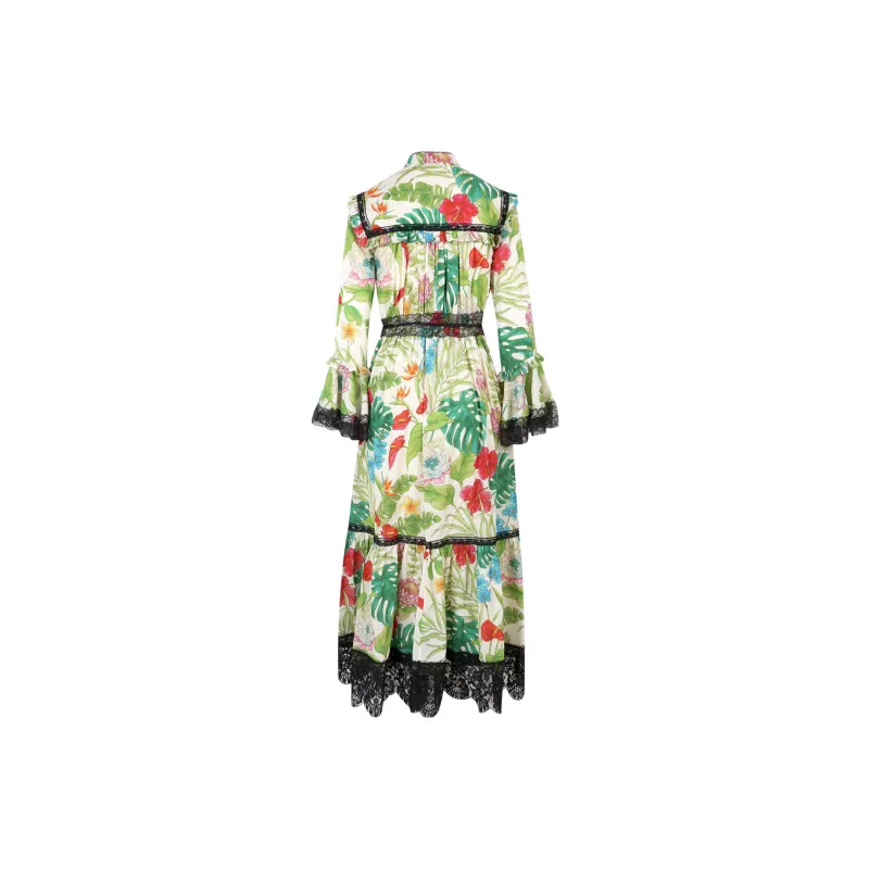 GUCCI Floral Print Lace Trim Muslin Dress Multi-1