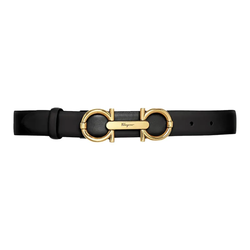 FERRAGAMO Salvatore Antique Style Plate Buckle Cow Leather Belt Women's Black Width 2.5cm-0