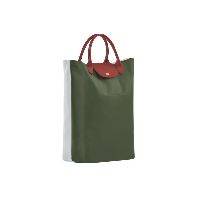 LONGCHAMP Le Pliage Canvas With Leather Trim Tote Bag Shopping Bag Handbag Women's Khaki Green With Gray Accents-2