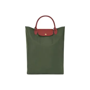 LONGCHAMP Le Pliage Canvas With Leather Trim Tote Bag Shopping Bag Handbag Women's Khaki Green With Gray Accents
