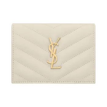 SAINT LAURENT CASSANDRE Grained Embossed Cow Leather Card Holder Women's Vintage White