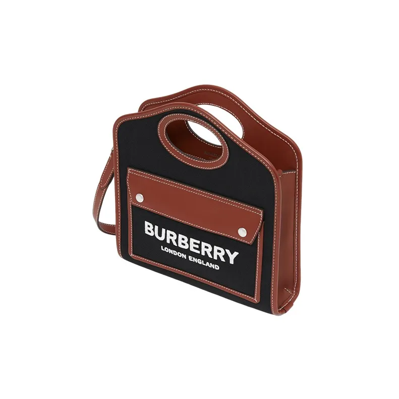 Burberry Pocket Bag Cotton With Leather Tote Bag Shopping Bag Handbag Shoulder Bag Crossbody Bag Mini Women's Black Tan-4