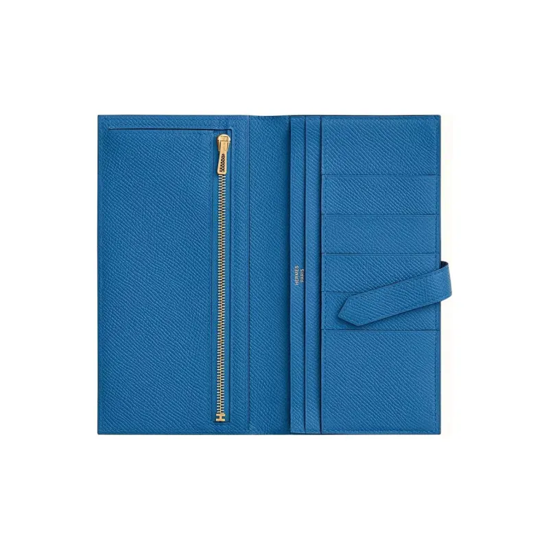 HERMES Bearn Cow Leather Wallet Women's 71 Bleu France French Blue-1
