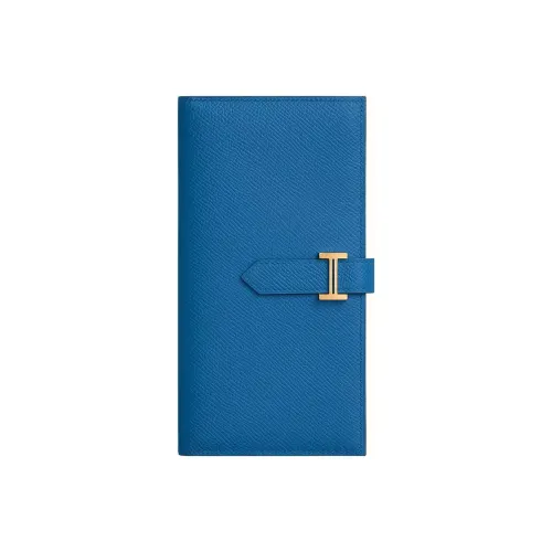HERMES Bearn Cow Leather Wallet Women's 71 Bleu France French Blue