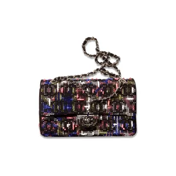 CHANEL Classic Flap CF Embroidery Twill Soft Woolen Shoulder Bag, Crossbody Bag Women's Black & Multicolor