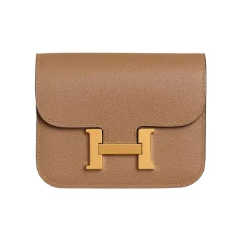 HERMES Evercolor Calfskin Card Holder, Wallet Fanny Pack Regular Women's Tea Brown/Lime