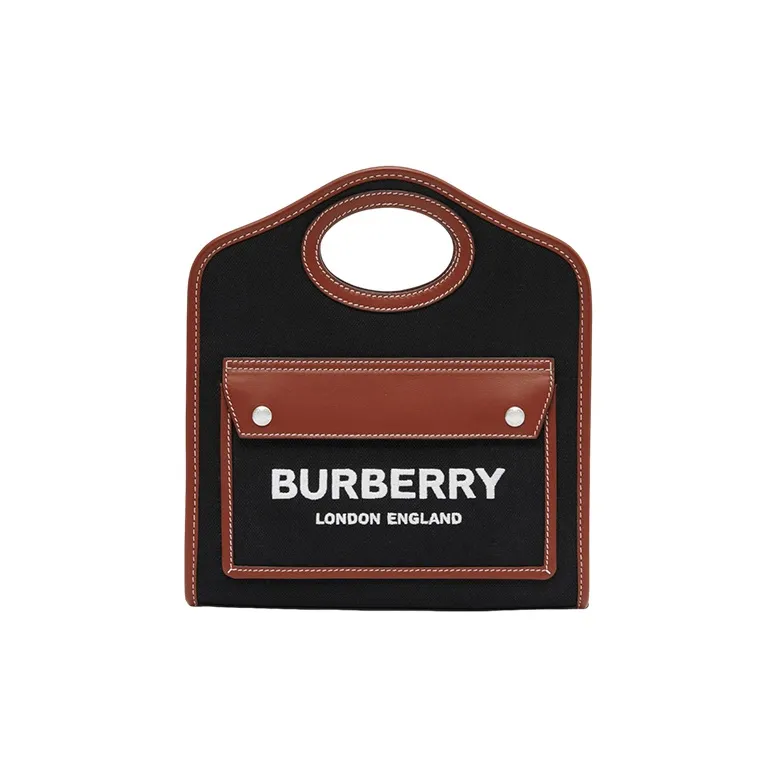 Burberry Pocket Bag Cotton With Leather Tote Bag Shopping Bag Handbag Shoulder Bag Crossbody Bag Mini Women's Black Tan-0