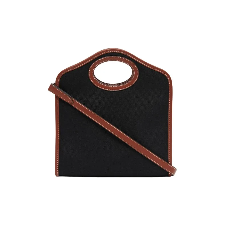 Burberry Pocket Bag Cotton With Leather Tote Bag Shopping Bag Handbag Shoulder Bag Crossbody Bag Mini Women's Black Tan-1