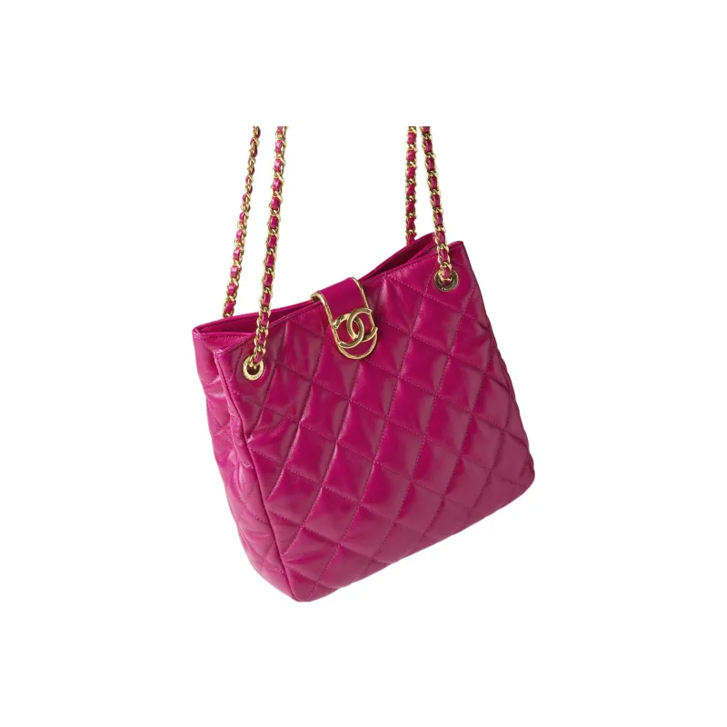 CHANEL Lambskin Shopping Bag One Shoulder Crossbody Tote Trumpets Women's Peach Red-2