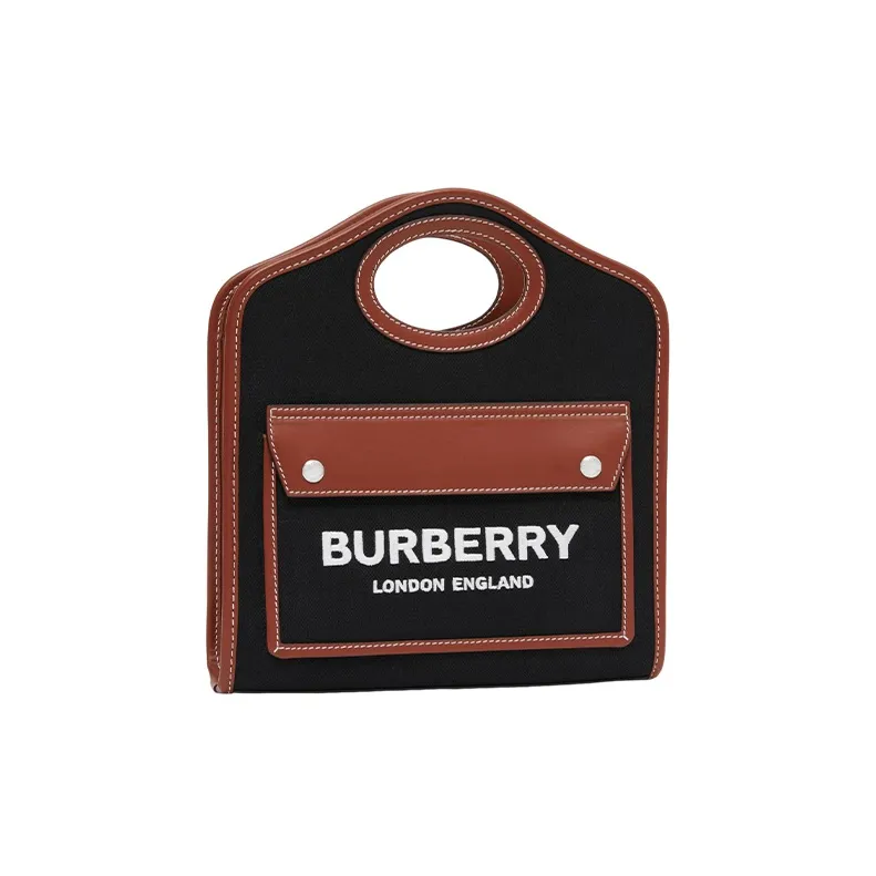 Burberry Pocket Bag Cotton With Leather Tote Bag Shopping Bag Handbag Shoulder Bag Crossbody Bag Mini Women's Black Tan-2