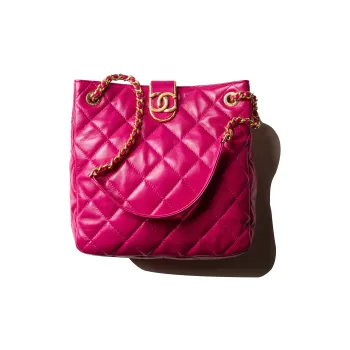 CHANEL Lambskin Shopping Bag One Shoulder Crossbody Tote Trumpets Women's Peach Red