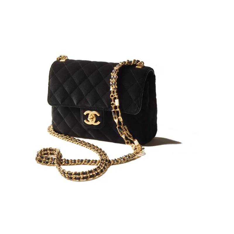 CHANEL Gold Metal Enamel Velvet Flap Bag, Shoulder Bag, Crossbody Bag Women's Black-1