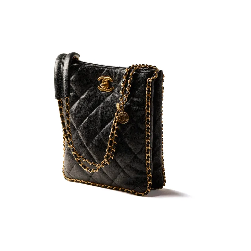 CHANEL Embossed Calfskin With Gold Metal Tote Bag Shopping Bag Shoulder Bag Crossbody Bag Small Size Women's Black-1