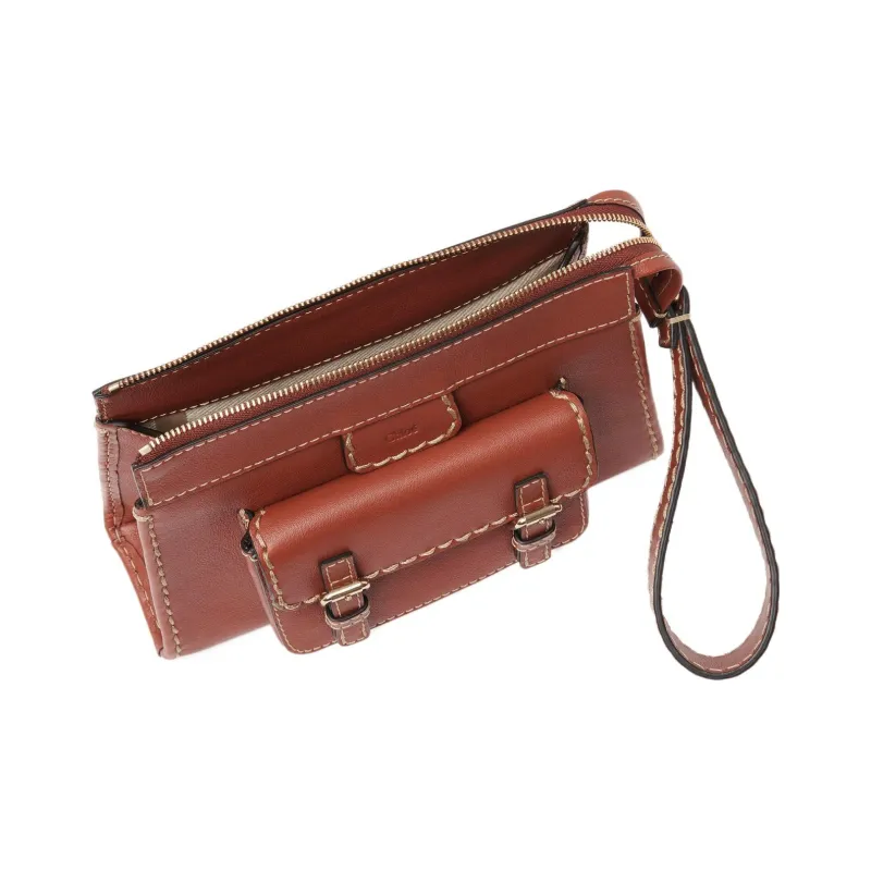 Chloe Edith Buffalo Leather Wrist Bags Clutches Small Size Women's Brown-2