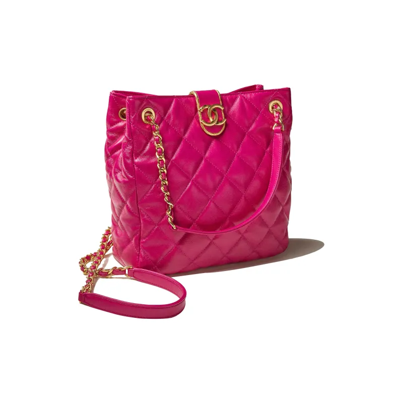 CHANEL Lambskin Shopping Bag One Shoulder Crossbody Tote Trumpets Women's Peach Red-1
