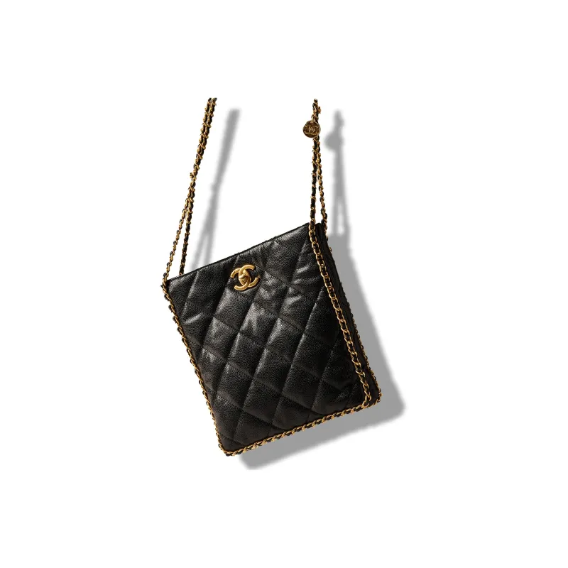 CHANEL Embossed Calfskin With Gold Metal Tote Bag Shopping Bag Shoulder Bag Crossbody Bag Small Size Women's Black-2
