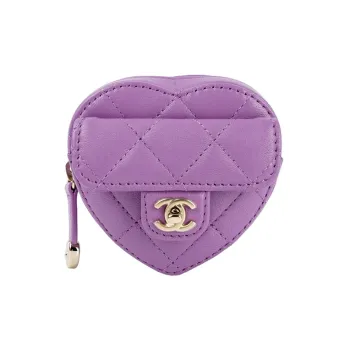CHANEL 22SS Lambskin Heart Shaped Bag Clutch Coin Purse Wrist Bag Women's Purple