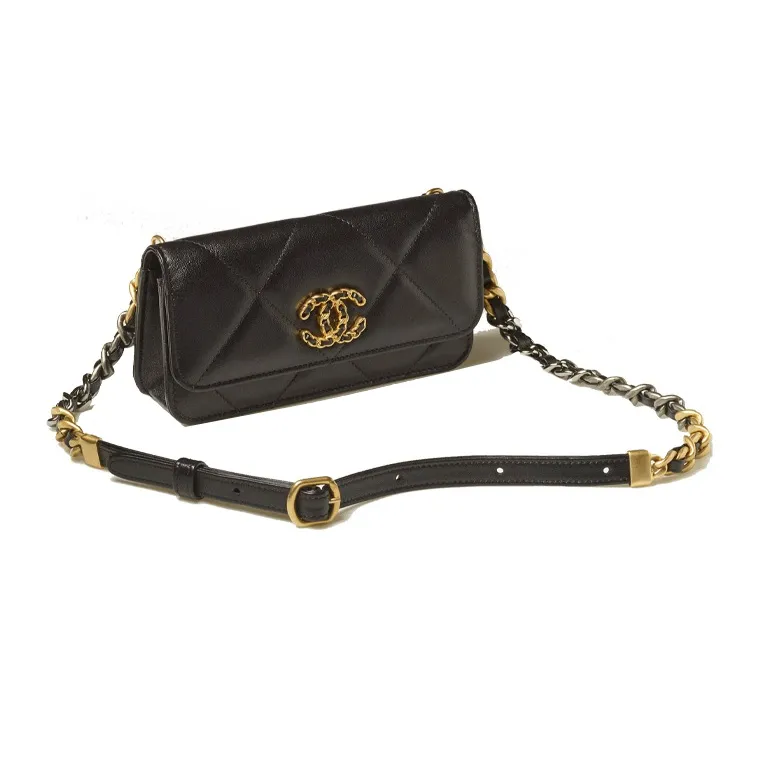 CHANEL 19Bag Sheepskin Fanny Pack, Shoulder Bag, Cell Phone Pouch, Crossbody Bag Women's Black-1