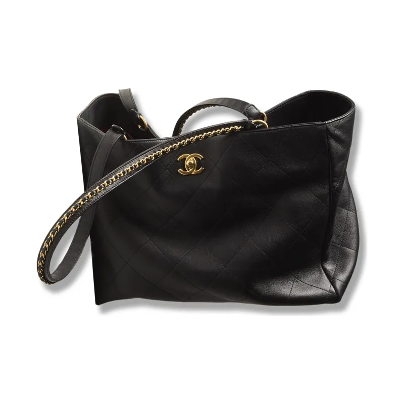 CHANEL Gold Metal Calfskin Tote Bag, Shopping Bag, Shoulder Bag, Handbag Women's Black-2