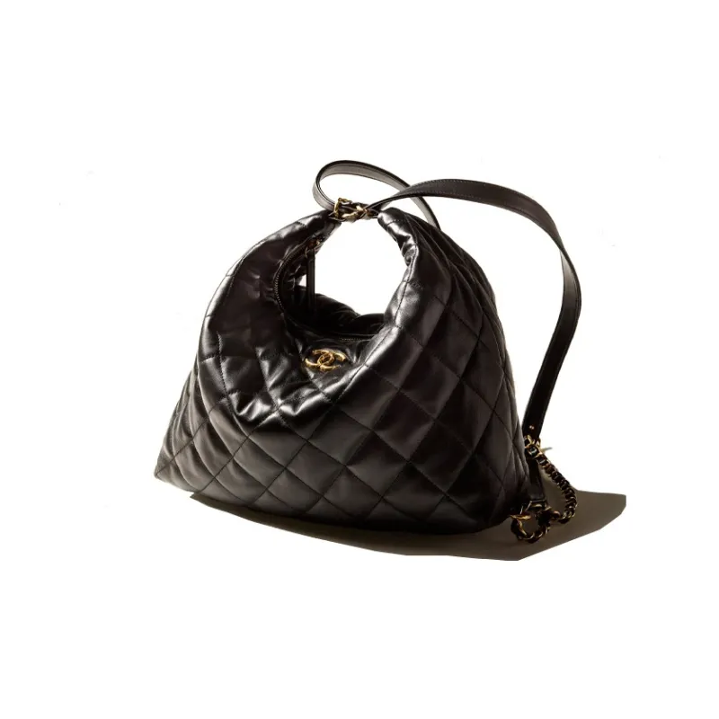 CHANEL 22BFW Sheepskin & Metal Hippie Bag, Shoulder Bag, Crossbody Bag Extra Large Women's Black-1