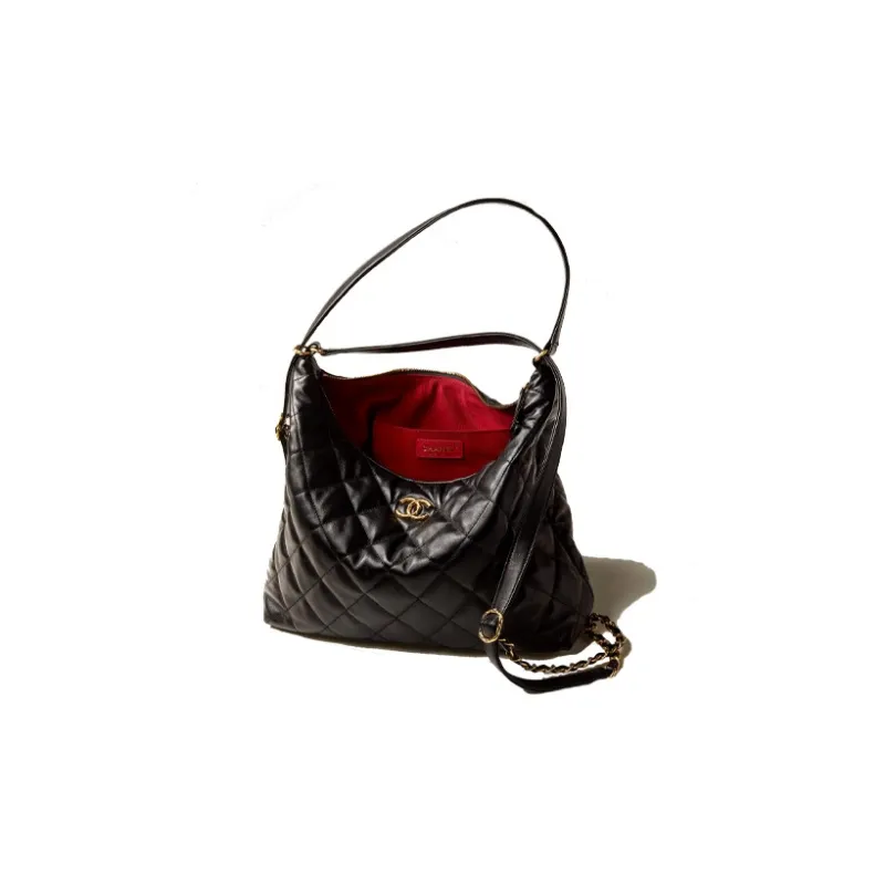 CHANEL 22BFW Sheepskin & Metal Hippie Bag, Shoulder Bag, Crossbody Bag Extra Large Women's Black-3