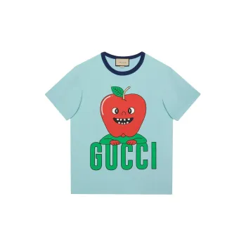 Gucc SS24 Apple Print Cotton T Shirt Light Blue