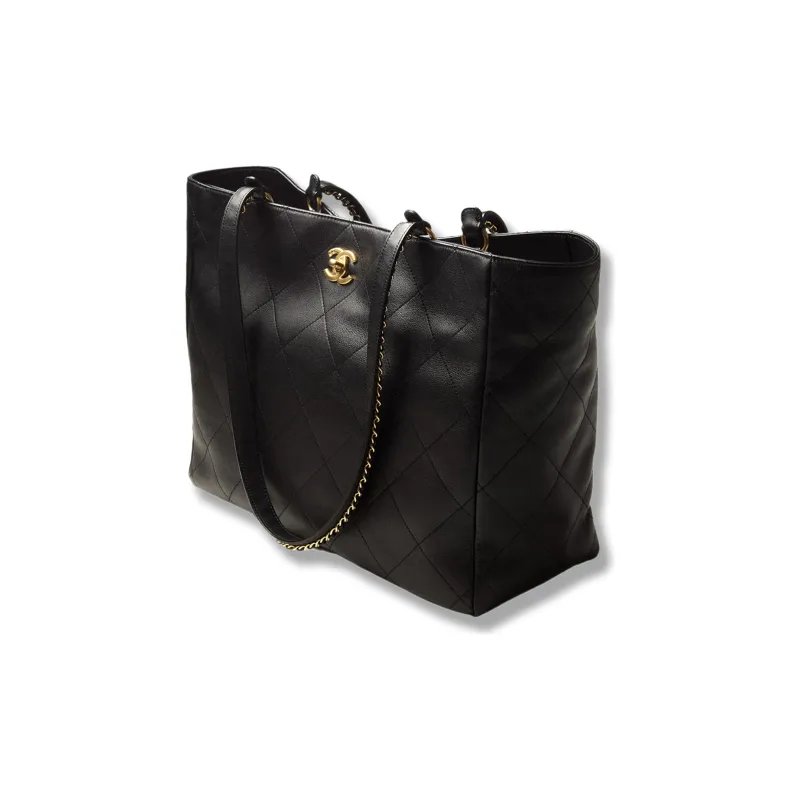 CHANEL Gold Metal Calfskin Tote Bag, Shopping Bag, Shoulder Bag, Handbag Women's Black-1