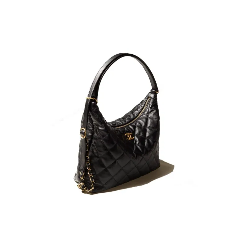 CHANEL 22BFW Sheepskin & Metal Hippie Bag, Shoulder Bag, Crossbody Bag Extra Large Women's Black-2