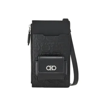FERRAGAMO Travel EmbossedGANCINI Embossed Leather Handheld Shoulder Bag, Crossbody Bag, Cell Phone Pouch Men's Black