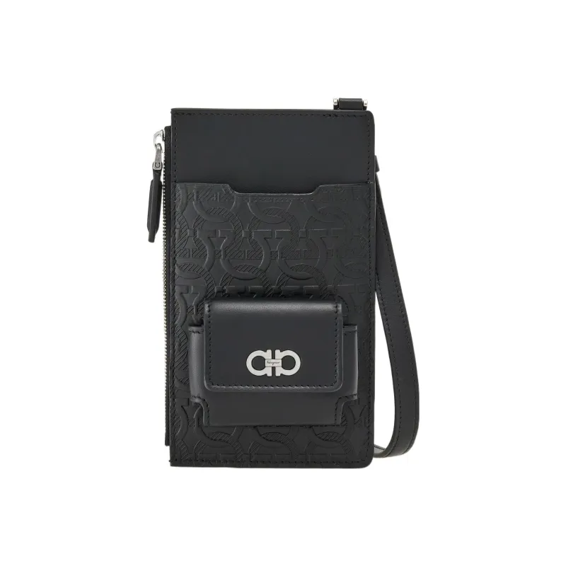 FERRAGAMO Travel EmbossedGANCINI Embossed Leather Handheld Shoulder Bag, Crossbody Bag, Cell Phone Pouch Men's Black-0