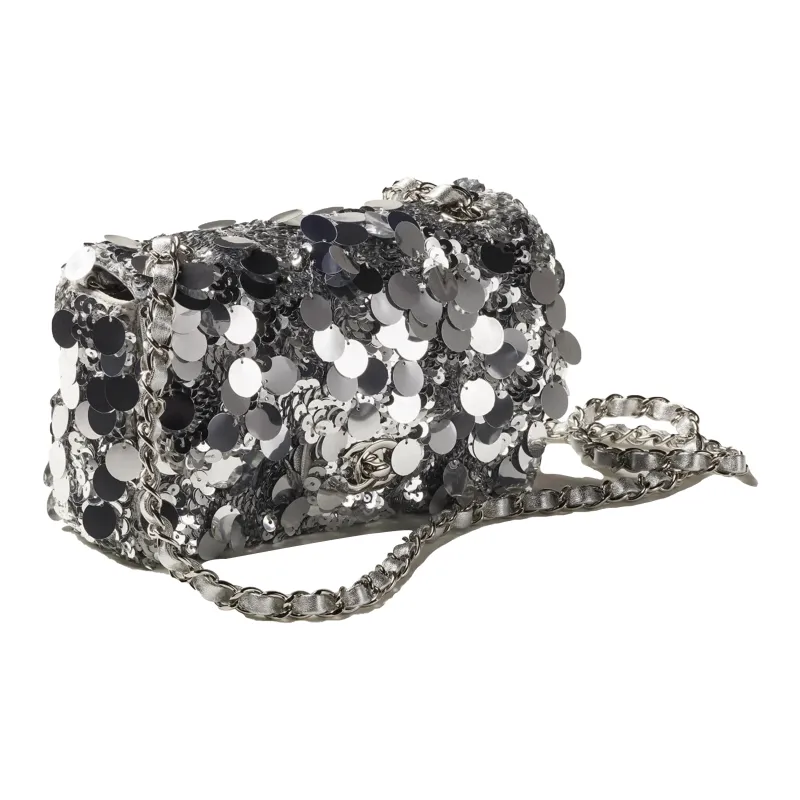 CHANEL Sequins Flap Bag Crossbody Bag Mini Women's Silver-1