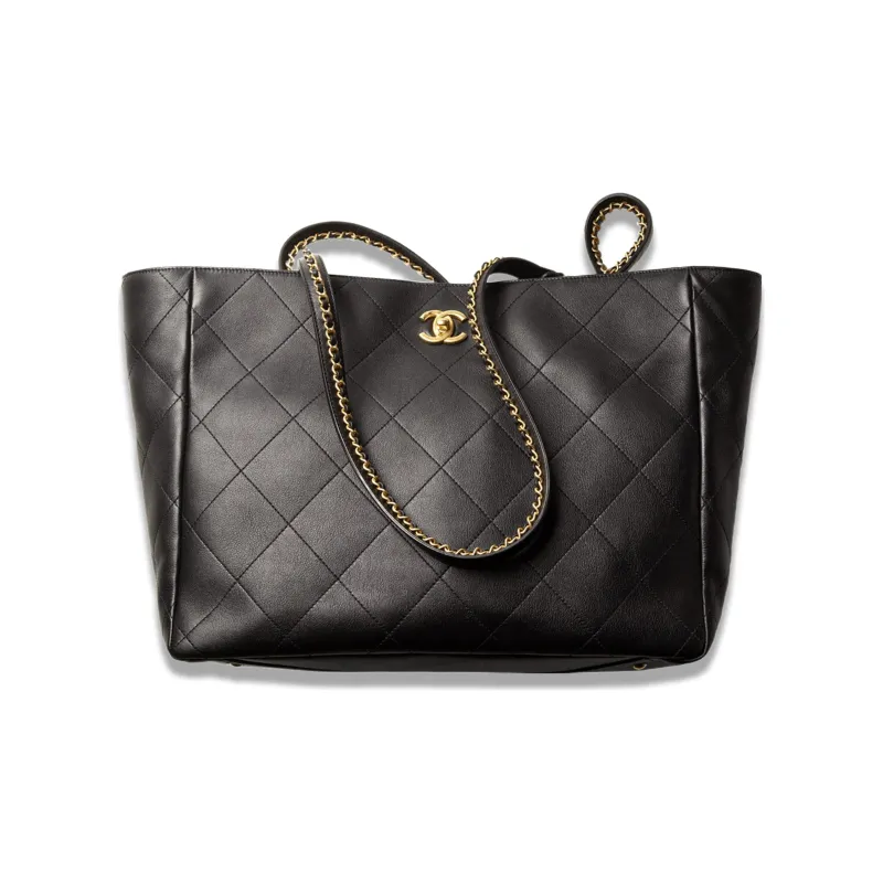 CHANEL Gold Metal Calfskin Tote Bag, Shopping Bag, Shoulder Bag, Handbag Women's Black-0