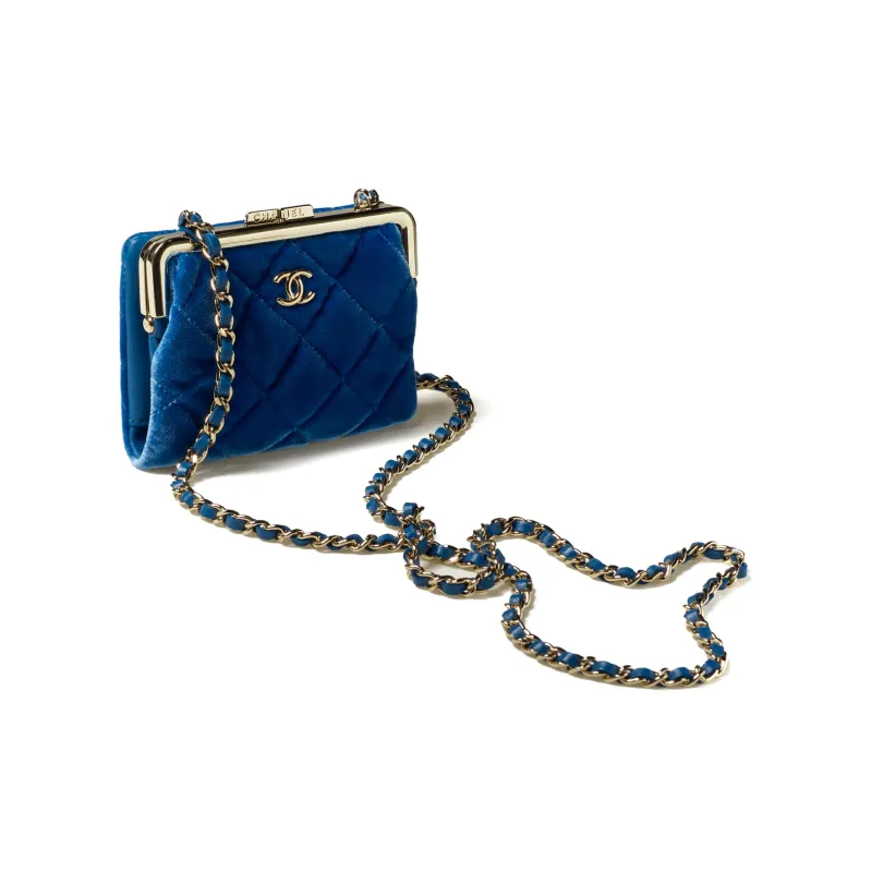 CHANEL Velour Gold Metal Carry Bag, Shoulder Bag, Crossbody Bag Women's Blue-1