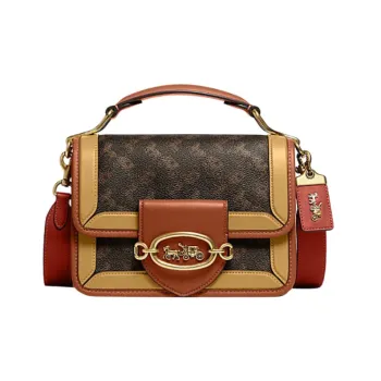 COACH Hero Leather Handbag, Shoulder Bag, Crossbody Bag Small Size Women's Yellow & Canyon Red & Monogram Brown