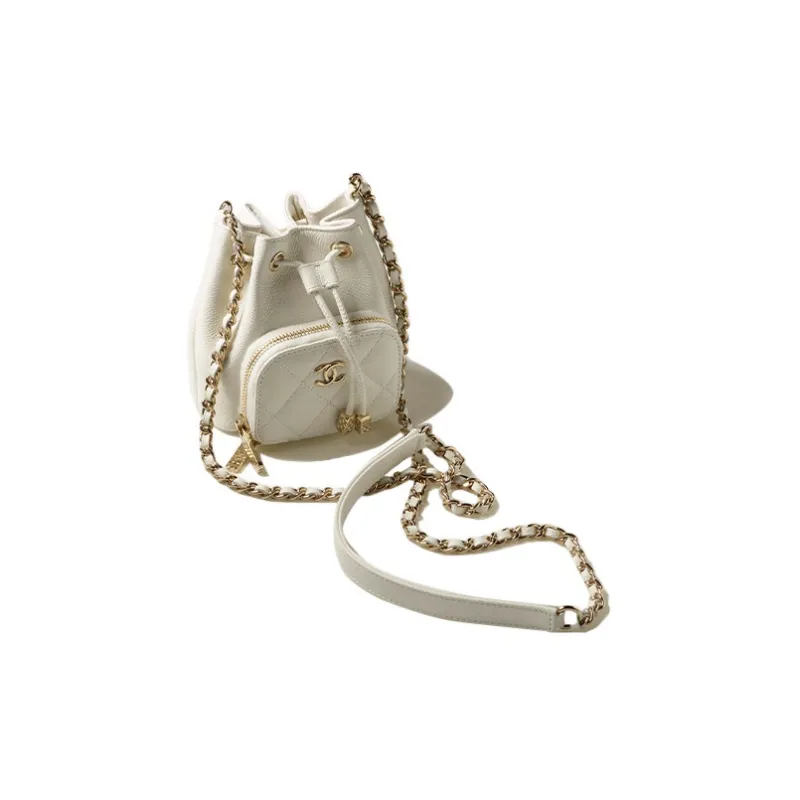 CHANEL Grain Embossed Calfskin Metal Bucket Bag, Shoulder Bag, Crossbody Bag Mini Women's White-1