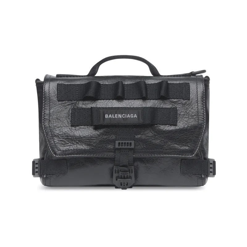 Balenciaga Army Sheepskin Messenger Bag Shoulder Bag Crossbody Bag Handbag Small Size Men's Black-0