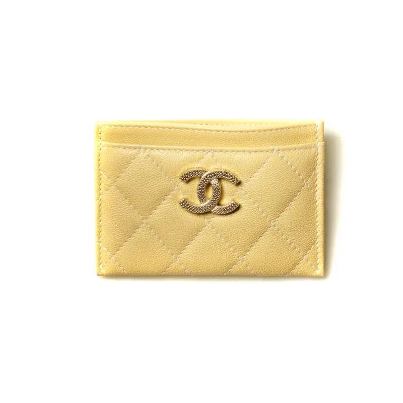 CHANEL Grain Embossed Calfskin With Gold Metal Card Holder Card Holder Women's Yellow-0