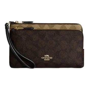 COACH Double Zip Wallet Canvas Leather Wrist Bag Clutch Wallet Small Size Women's Khaki Brown