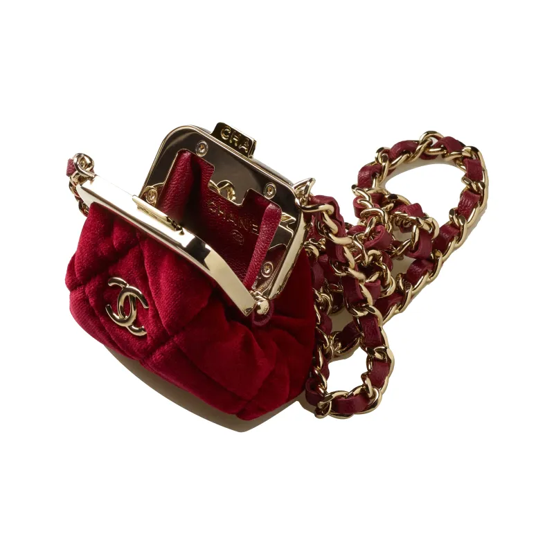 CHANEL Velvet And Gold Toned Metal One Shoulder Crossbody Clutch Regular Women's Burgundy-2